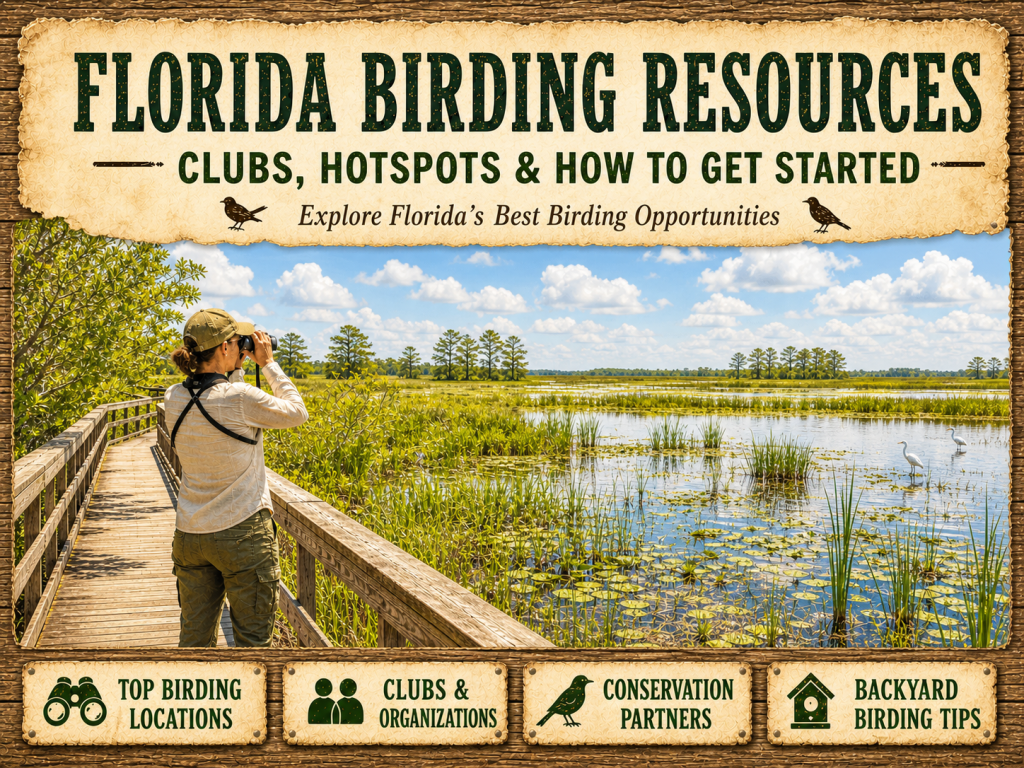 A birder stands on a wooden boardwalk using binoculars to scan a freshwater marsh in the Florida Everglades, with wading birds, sawgrass, shallow water, and distant cypress trees.