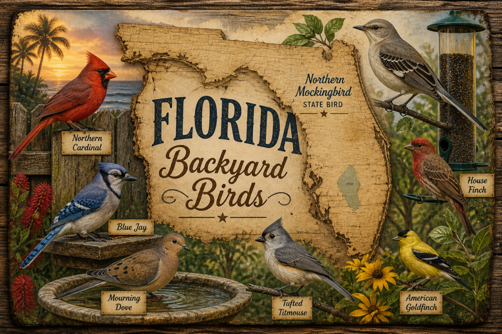 Rustic Florida Backyard Birds illustration with Northern Mockingbird, Northern Cardinal, Blue Jay, Mourning Dove, Tufted Titmouse, House Finch, and American Goldfinch around a parchment-style Florida map and backyard feeder setup