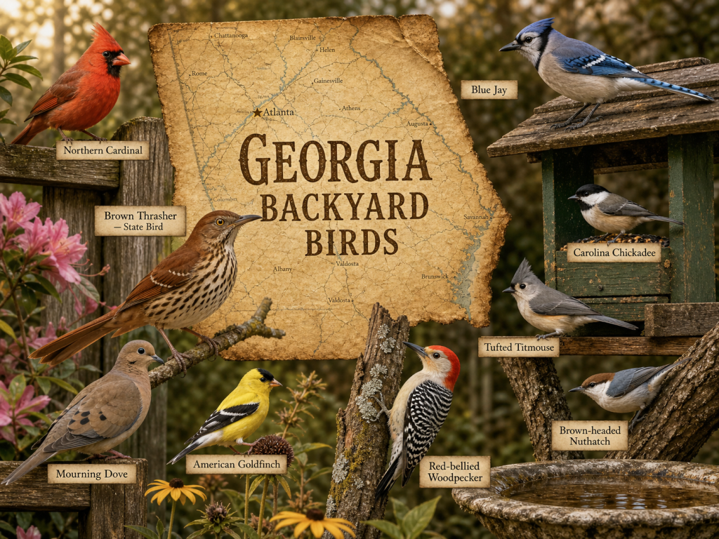 Rustic Georgia Backyard Birds illustration with Brown Thrasher, Northern Cardinal, Blue Jay, Carolina Chickadee, Tufted Titmouse, Brown-headed Nuthatch, Red-bellied Woodpecker, American Goldfinch, and Mourning Dove around a parchment-style Georgia map, feeder, and birdbath