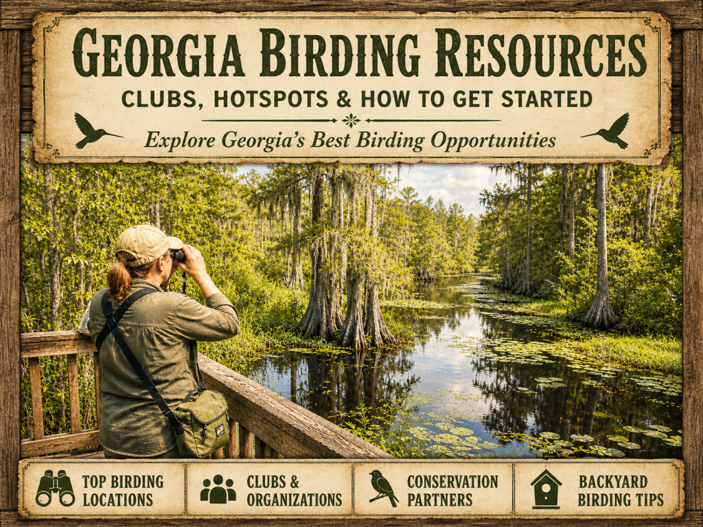 Birder using binoculars from a boardwalk overlook at Okefenokee National Wildlife Refuge in Georgia, scanning cypress-lined waterways