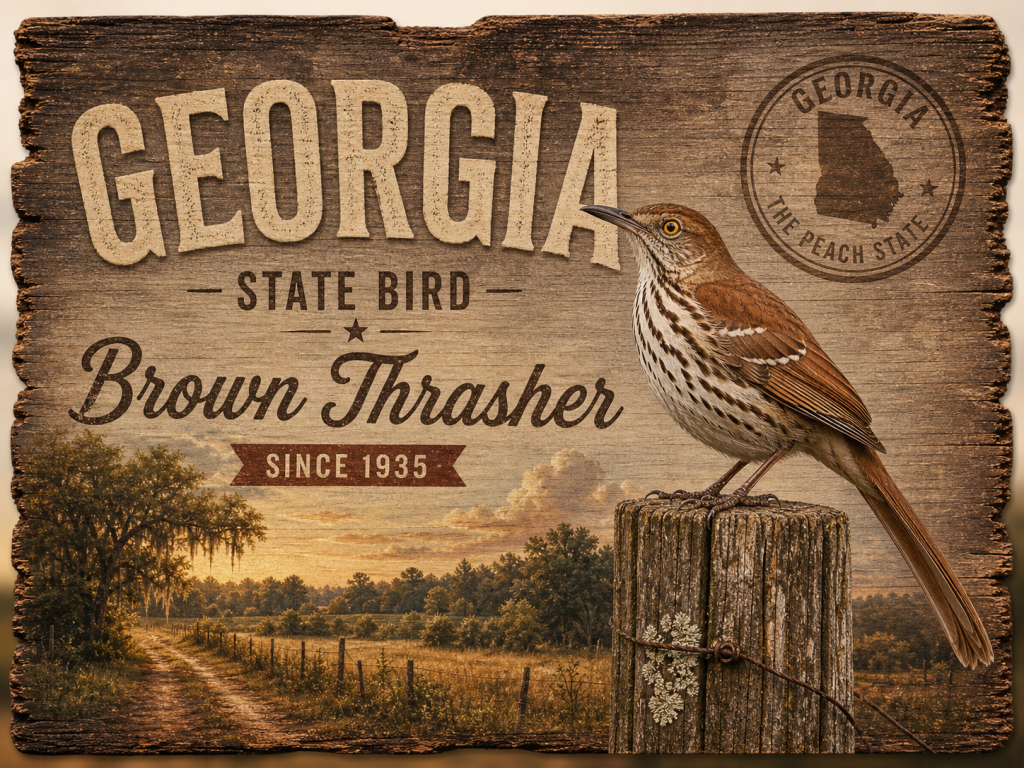 Rustic Georgia State Bird illustration with a Brown Thrasher perched on a weathered wooden post