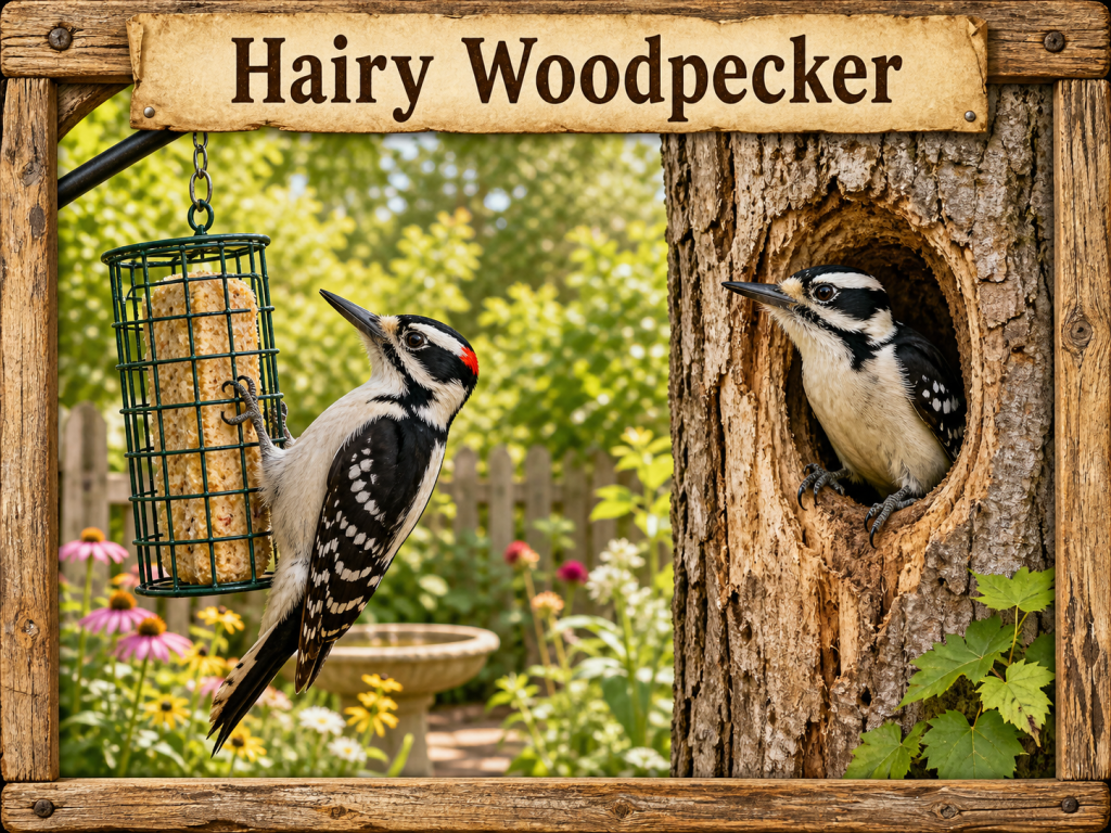 Hairy Woodpecker visiting a suet feeder beside a tree cavity nest in a bright rustic backyard scene