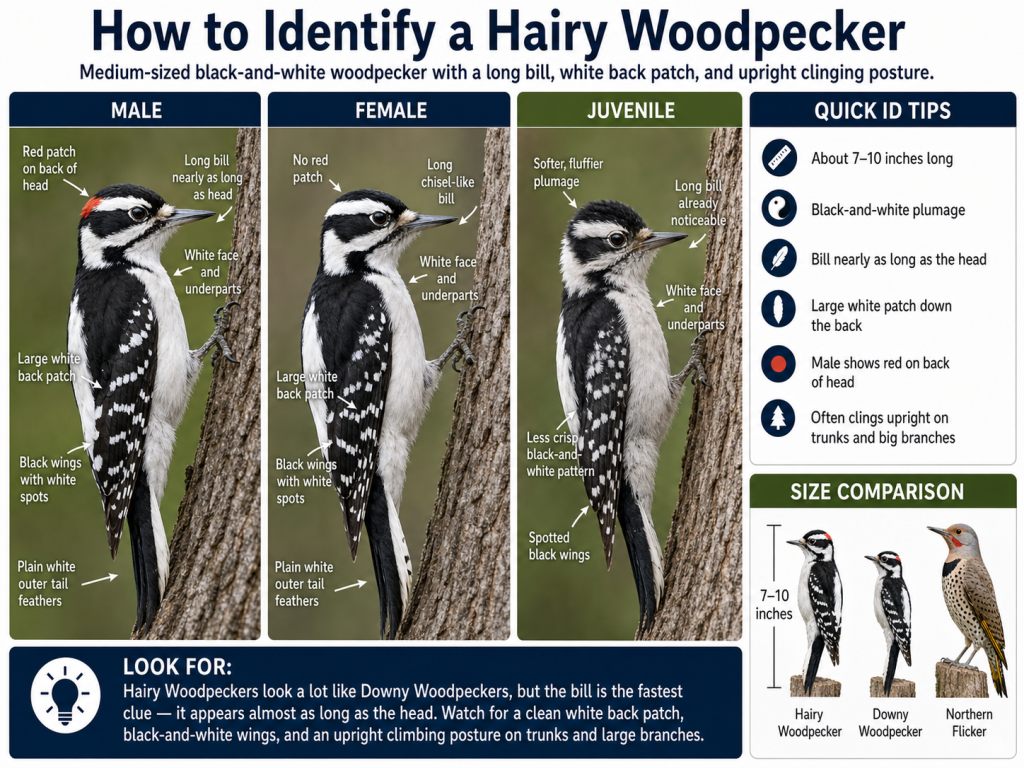 Hairy Woodpecker identification guide showing male, female, and juvenile birds with key field marks, quick ID tips, and size comparison with Downy Woodpecker and Northern Flicker