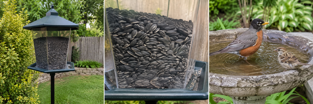 Side-by-side image showing a hopper bird feeder mounted on a pole near backyard shrubs, black oil sunflower seeds in a feeder, and a robin with a sparrow at a shallow backyard birdbath.