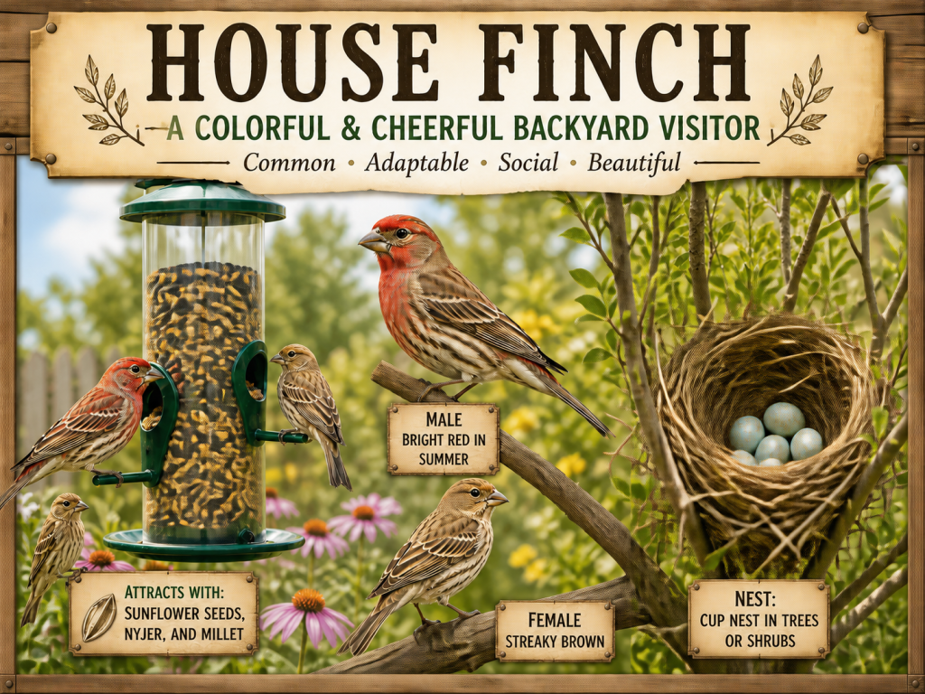 Rustic Birdbrella-style image of House Finches in a backyard garden with a male House Finch at a seed feeder, female House Finches nearby, and a nest with eggs in a shrub