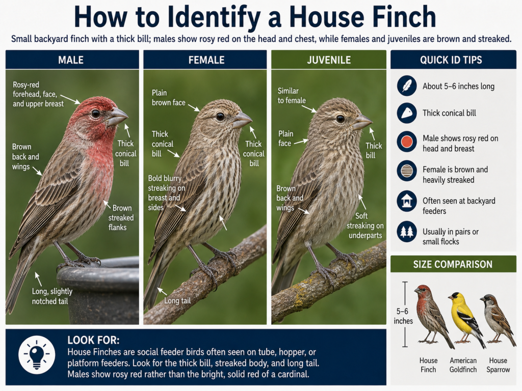 House Finch identification guide showing male, female, juvenile, quick ID tips, and size comparison
