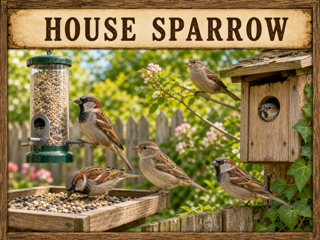 House Sparrows gathered around a backyard seed feeder and wooden birdhouse with male and female birds visible