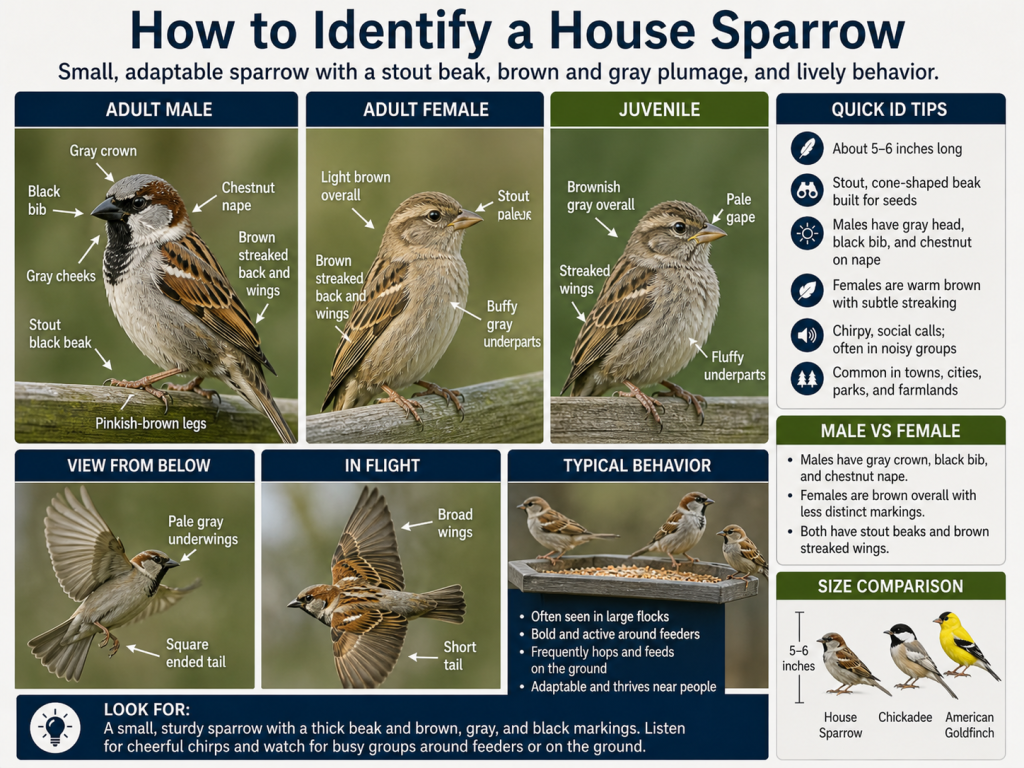 House Sparrow identification guide showing adult male, adult female, juvenile, flight view, behavior, and quick ID tips