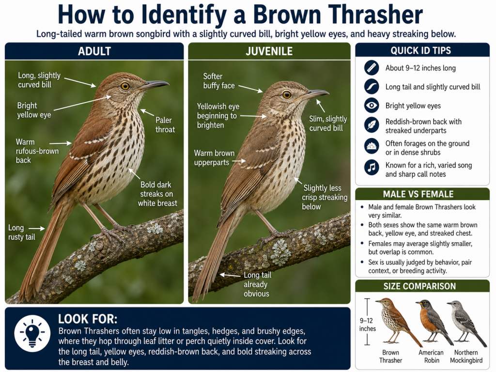 Identification infographic showing how to identify a Brown Thrasher, including Adult and Juvenile plumage, Quick ID Tips, Male vs Female notes, and a size comparison with an American Robin and Northern Mockingbird