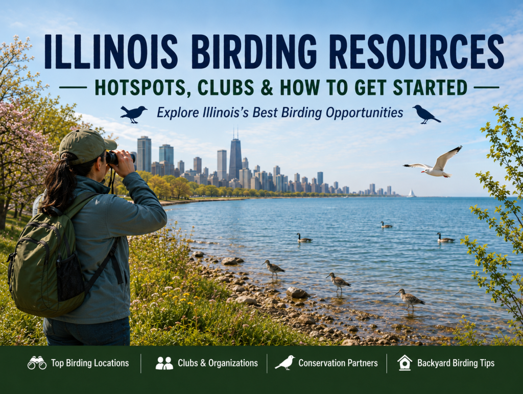 Birder scanning the Chicago lakefront with binoculars during spring migration in Illinois