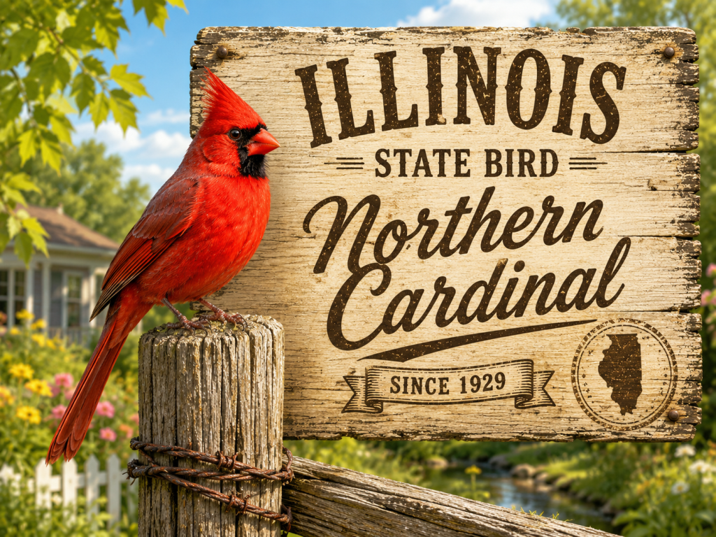 Northern Cardinal perched beside a rustic wooden sign for the Illinois state bird