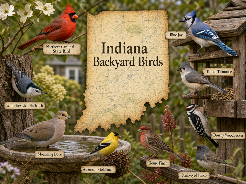 diana backyard birds hero image with Northern Cardinal state bird, Blue Jay, American Goldfinch, House Finch, Mourning Dove, White-breasted Nuthatch, Tufted Titmouse, Downy Woodpecker, and Dark-eyed Junco around a parchment map