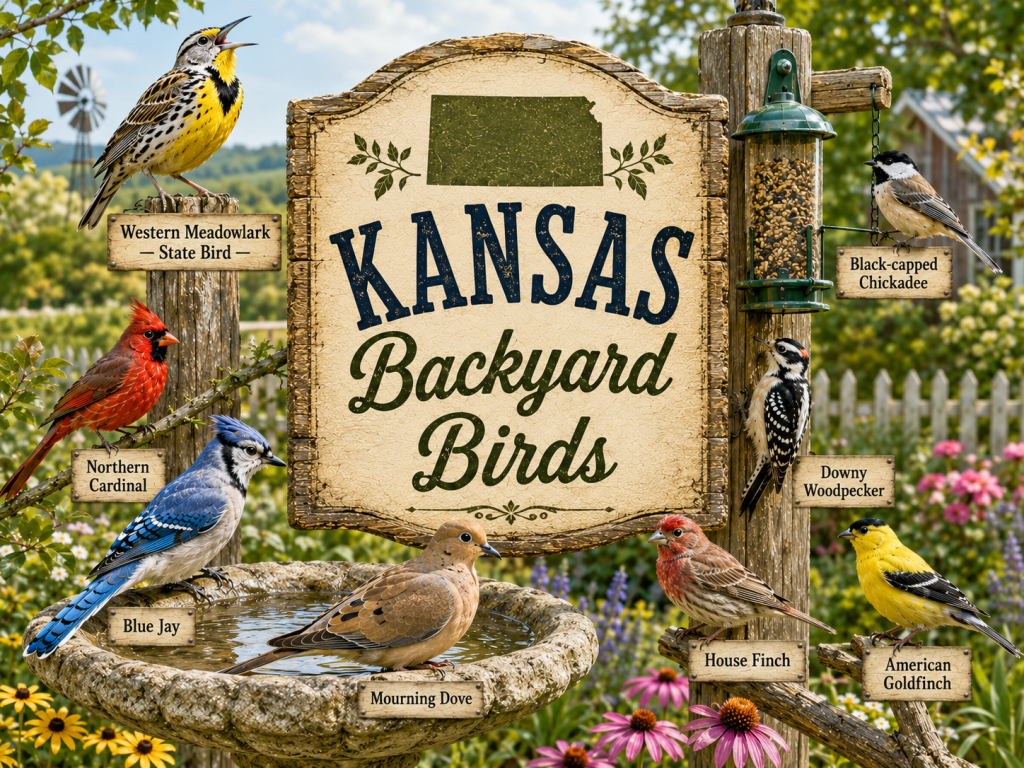 Kansas Backyard Birds rustic wooden sign featuring Western Meadowlark — State Bird, Northern Cardinal, Blue Jay, Mourning Dove, Black-capped Chickadee, Downy Woodpecker, House Finch, and American Goldfinch in a bright backyard garden
