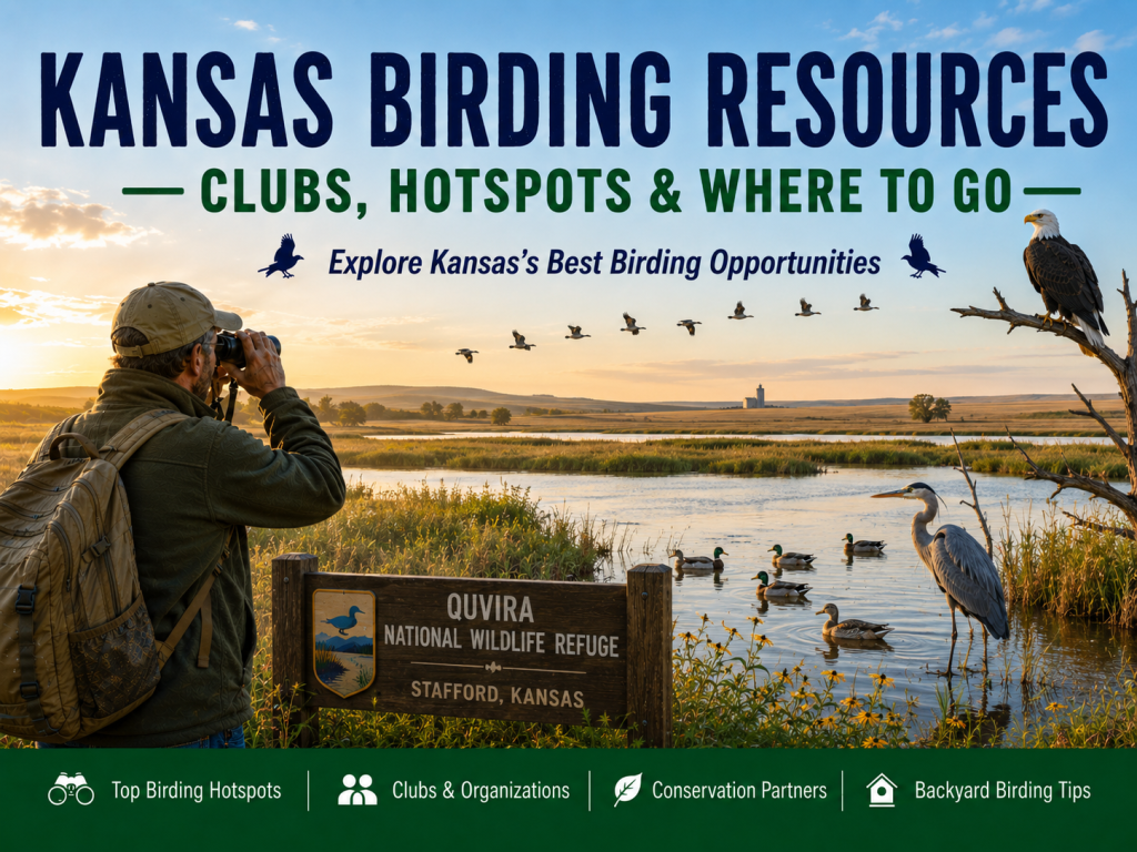 Birder scanning wetlands at Quivira National Wildlife Refuge in Kansas with a Bald Eagle, Great Blue Heron, Mallards, and flying waterfowl