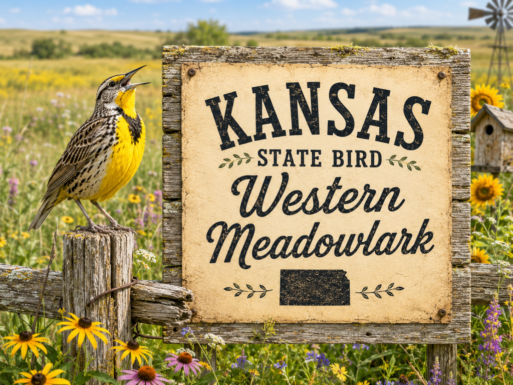 Western Meadowlark perched beside a rustic Kansas State Bird sign in a bright prairie garden setting