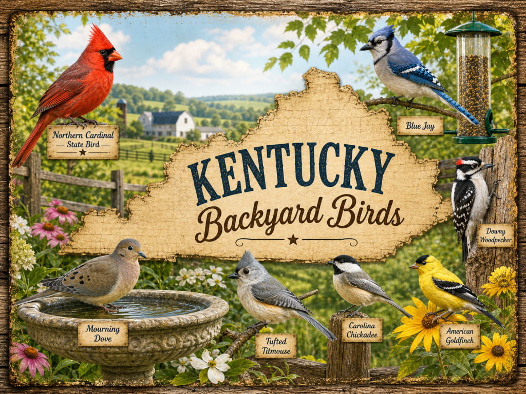 Illustrated Kentucky backyard birds image featuring a Kentucky state map, common feeder birds, and the Northern Cardinal as the state bird