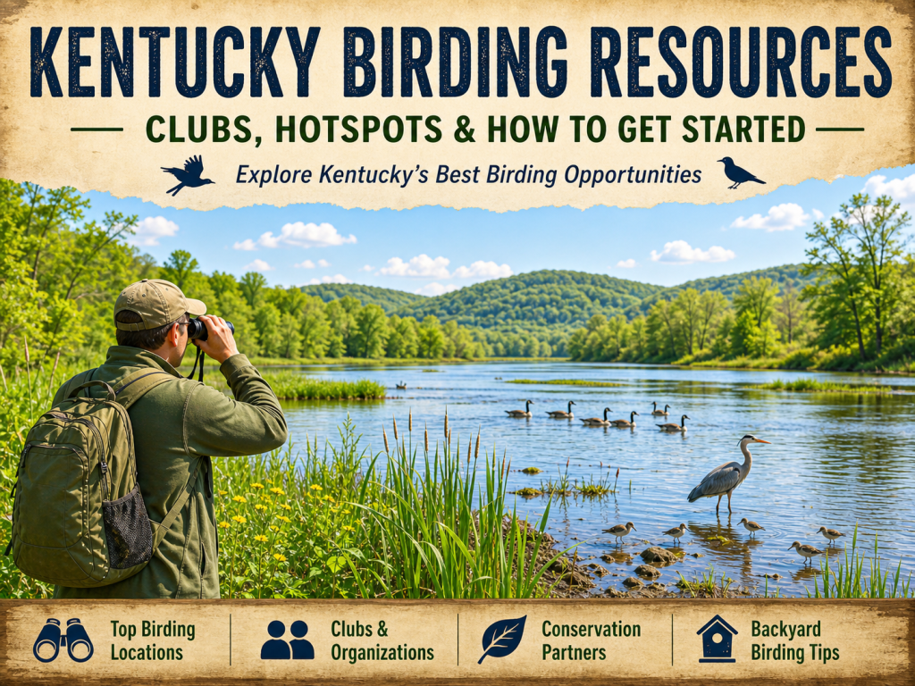 birder watching waterbirds at a Kentucky wetland with rolling green hills in the background