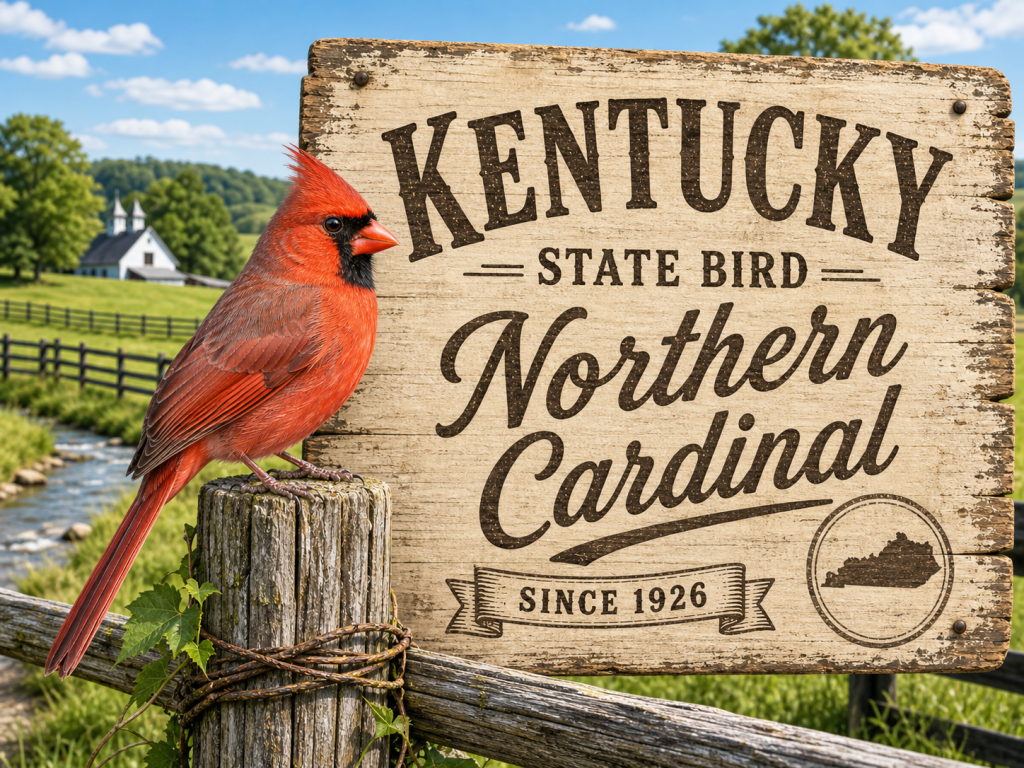 male Northern Cardinal perched beside a rustic Kentucky State Bird sign in a bright countryside setting