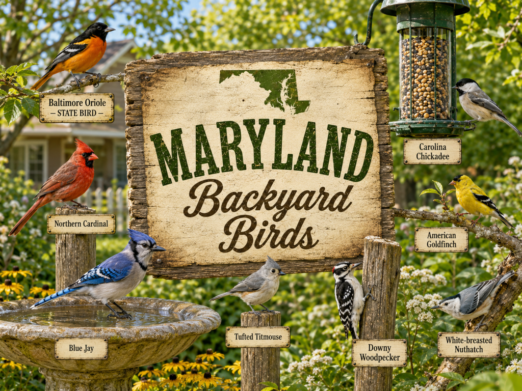 Maryland Backyard Birds rustic wooden sign featuring Baltimore Oriole — State Bird, Northern Cardinal, Blue Jay, Tufted Titmouse, Carolina Chickadee, American Goldfinch, Downy Woodpecker, and White-Breasted Nuthatch in a bright backyard garden