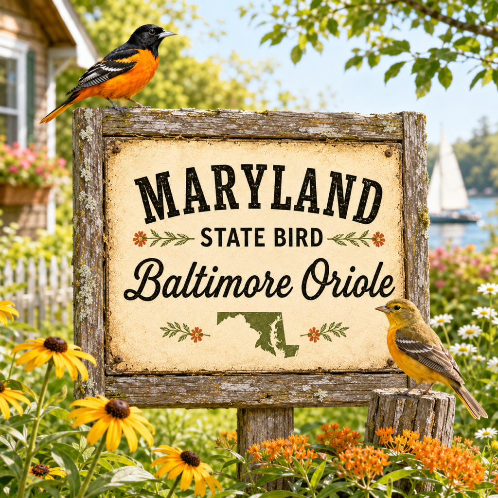 Male and Female Baltimore Orioles perched around a rustic wooden sign reading Maryland State Bird in a bright garden setting