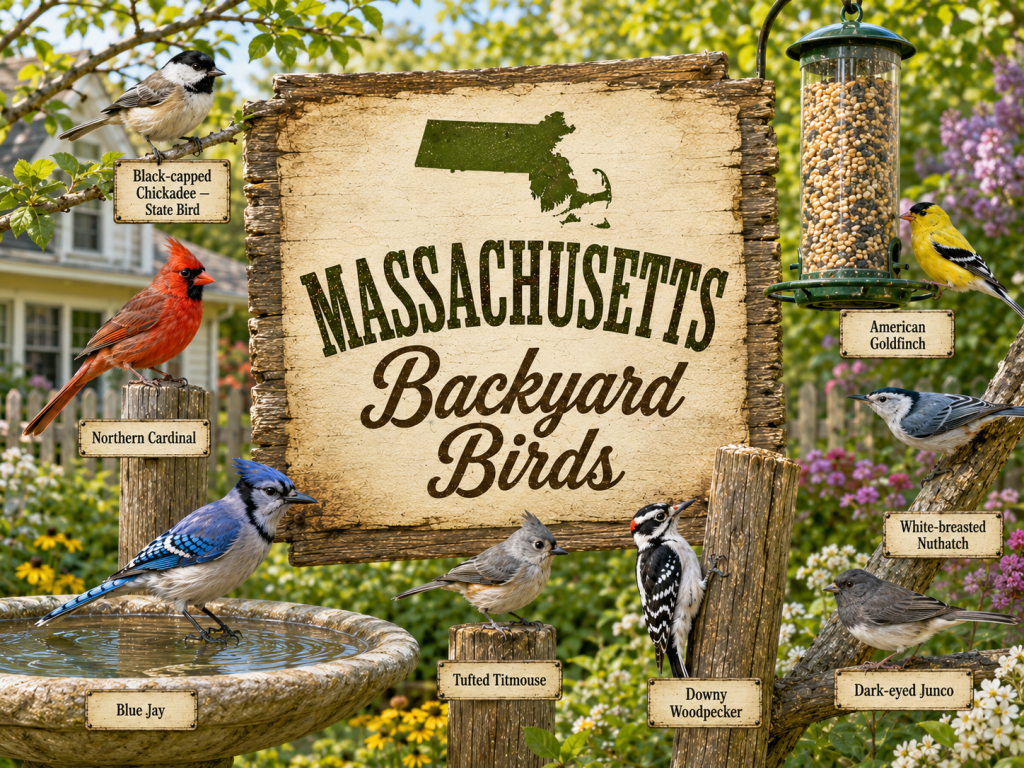 Massachusetts Backyard Birds rustic wooden sign featuring Black-Capped Chickadee — State Bird, Northern Cardinal, Blue Jay, Tufted Titmouse, Downy Woodpecker, White-Breasted Nuthatch, American Goldfinch, and Dark-Eyed Junco in a bright backyard garden