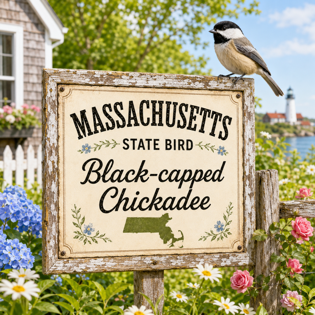 Black-capped Chickadee perched beside a rustic wooden sign reading Massachusetts State Bird in a bright garden setting