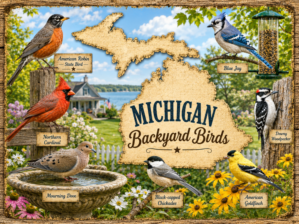 Michigan Backyard Birds illustration with American Robin, Northern Cardinal, Blue Jay, Downy Woodpecker, Mourning Dove, Black-capped Chickadee, and American Goldfinch around a rustic Michigan map