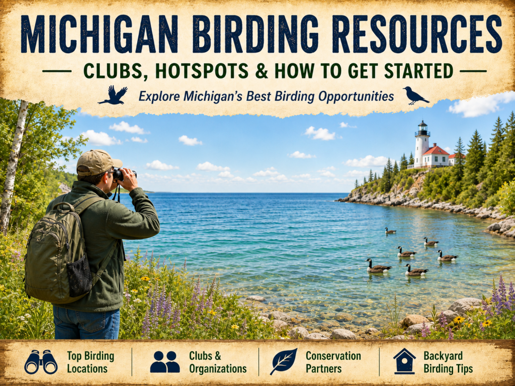 Birder looking across a Great Lakes shoreline with geese and a lighthouse on a Michigan birding resources hero image