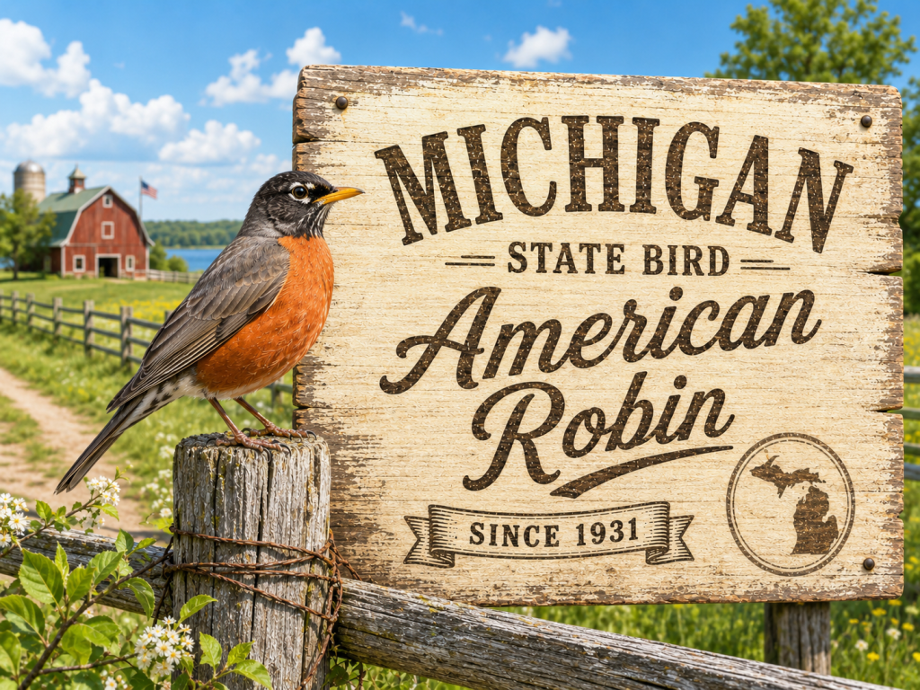American Robin perched beside a rustic Michigan State Bird sign in a bright countryside setting