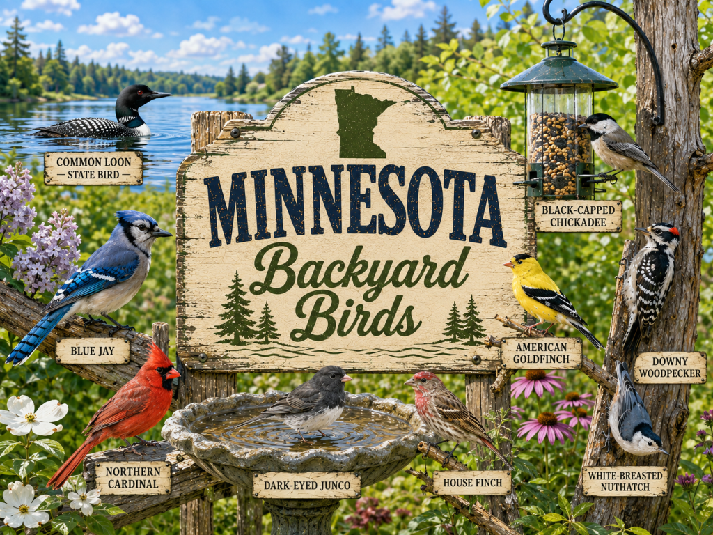 Minnesota Backyard Birds rustic wooden sign featuring Common Loon — State Bird, Blue Jay, Northern Cardinal, Dark-Eyed Junco, House Finch, American Goldfinch, Black-Capped Chickadee, Downy Woodpecker, and White-Breasted Nuthatch in a bright lakeside backyard setting