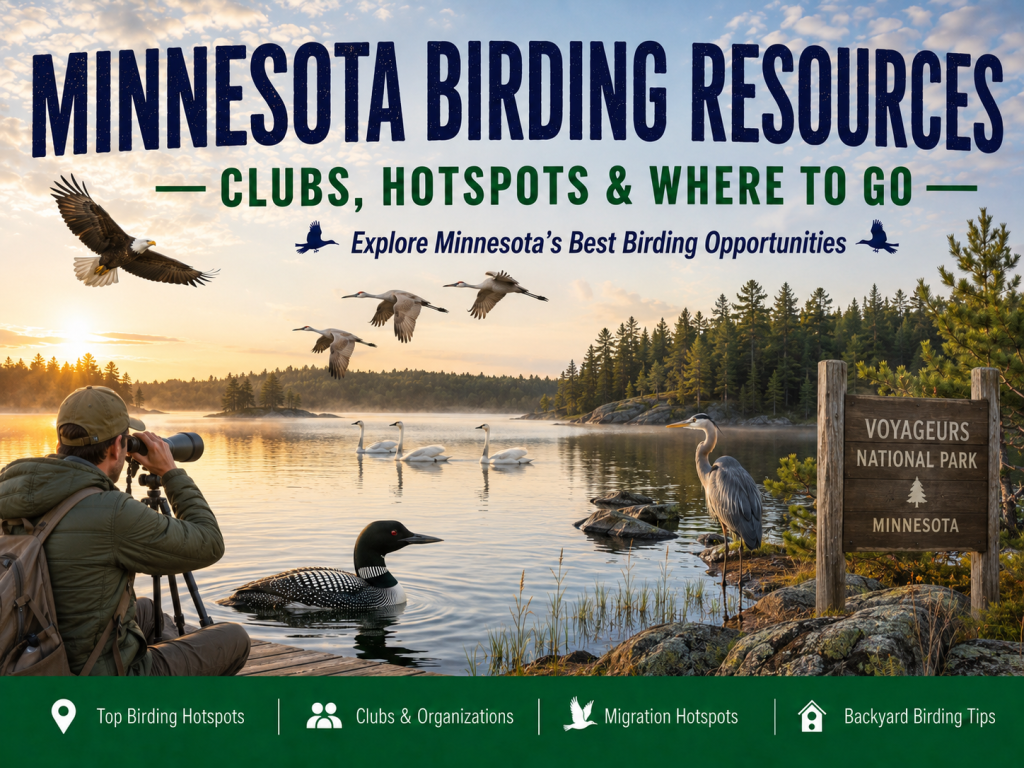 Birder watching a Common Loon, Bald Eagle, Sandhill Cranes, Trumpeter Swans, and Great Blue Heron at a northern Minnesota lake