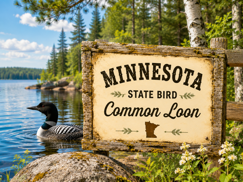 Common Loon beside a rustic wooden sign reading “Minnesota State Bird” in a bright lakeside setting with a warm Birdbrella-style background