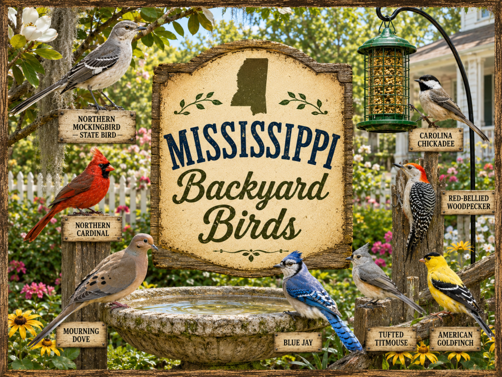 Mississippi Backyard Birds rustic wooden sign featuring Northern Mockingbird — State Bird, Northern Cardinal, Carolina Chickadee, Red-Bellied Woodpecker, Mourning Dove, Blue Jay, Tufted Titmouse, and American Goldfinch in a bright Southern backyard garden