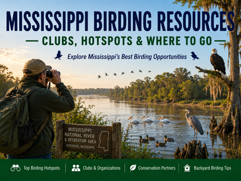 Birder scanning a Mississippi river wetland at sunrise with a Bald Eagle, Great Blue Heron, American White Pelicans, Mallards, and flying waterfowl