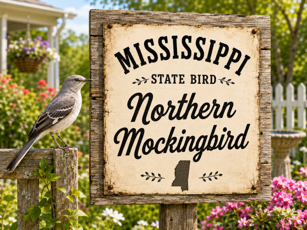 Northern Mockingbird perched beside a rustic wooden Mississippi State Bird sign in a bright backyard garden