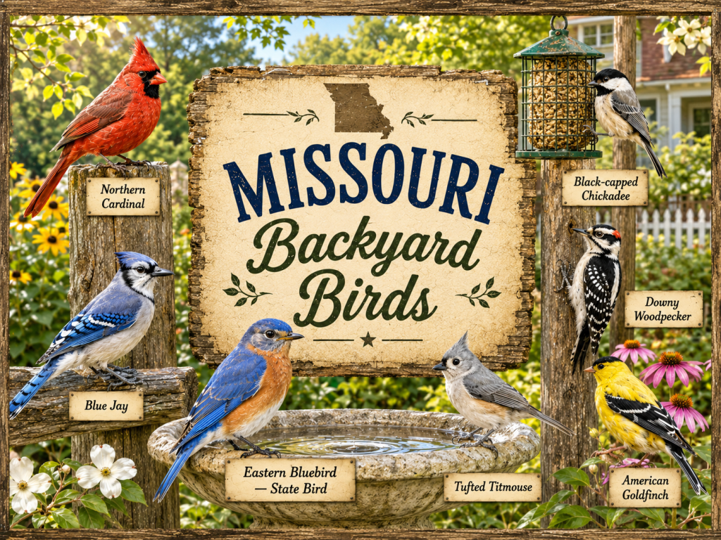 Missouri Backyard Birds rustic backyard scene with Northern Cardinal, Blue Jay, Eastern Bluebird, Black-capped Chickadee, Downy Woodpecker, Tufted Titmouse, and American Goldfinch around a feeder and birdbath