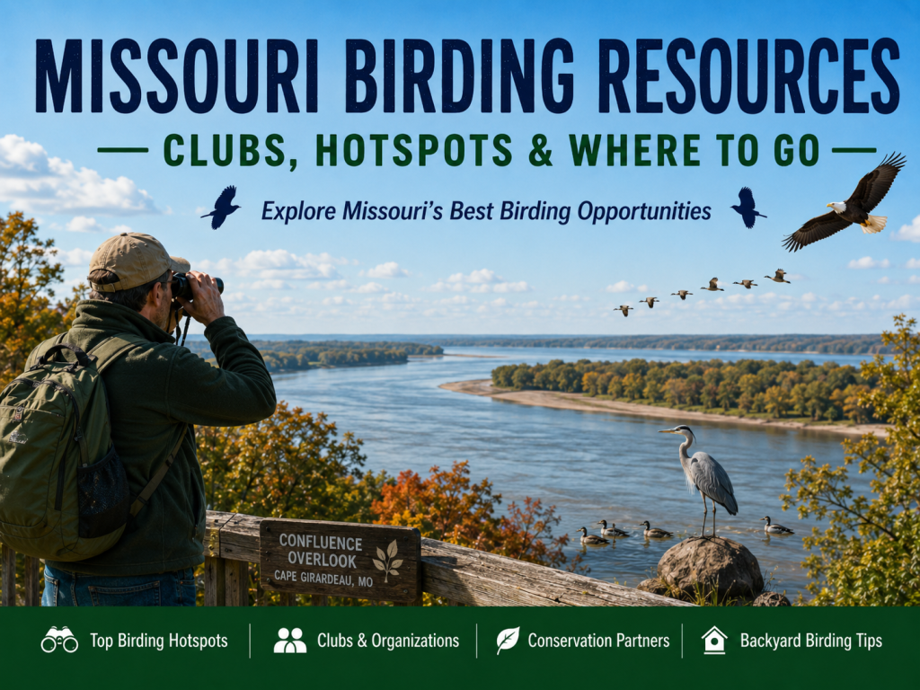 Birder scanning the Mississippi River floodplain from a wooded Missouri overlook with a Bald Eagle, Great Blue Heron, ducks, and geese visible near the water