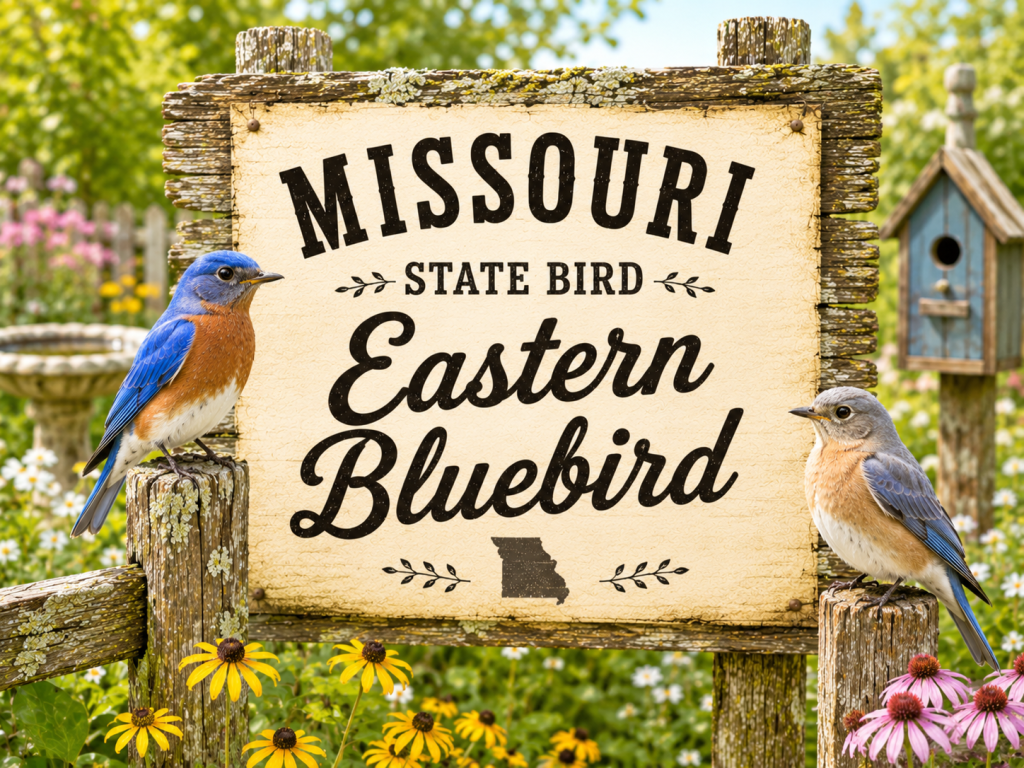 Male and Female Eastern Bluebirds perched beside a rustic Missouri State Bird sign in a bright garden setting