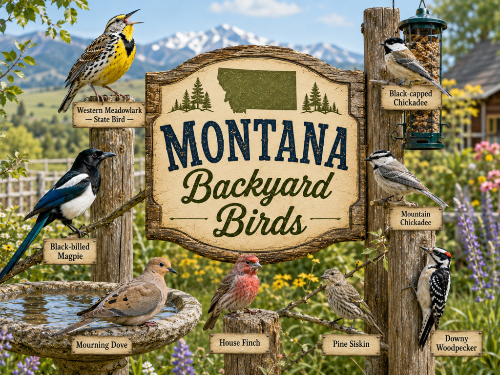 Montana Backyard Birds rustic wooden sign featuring Western Meadowlark — State Bird, Black-Capped Chickadee, Mountain Chickadee, Black-Billed Magpie, Mourning Dove, House Finch, Pine Siskin, and Downy Woodpecker in a bright mountain backyard setting