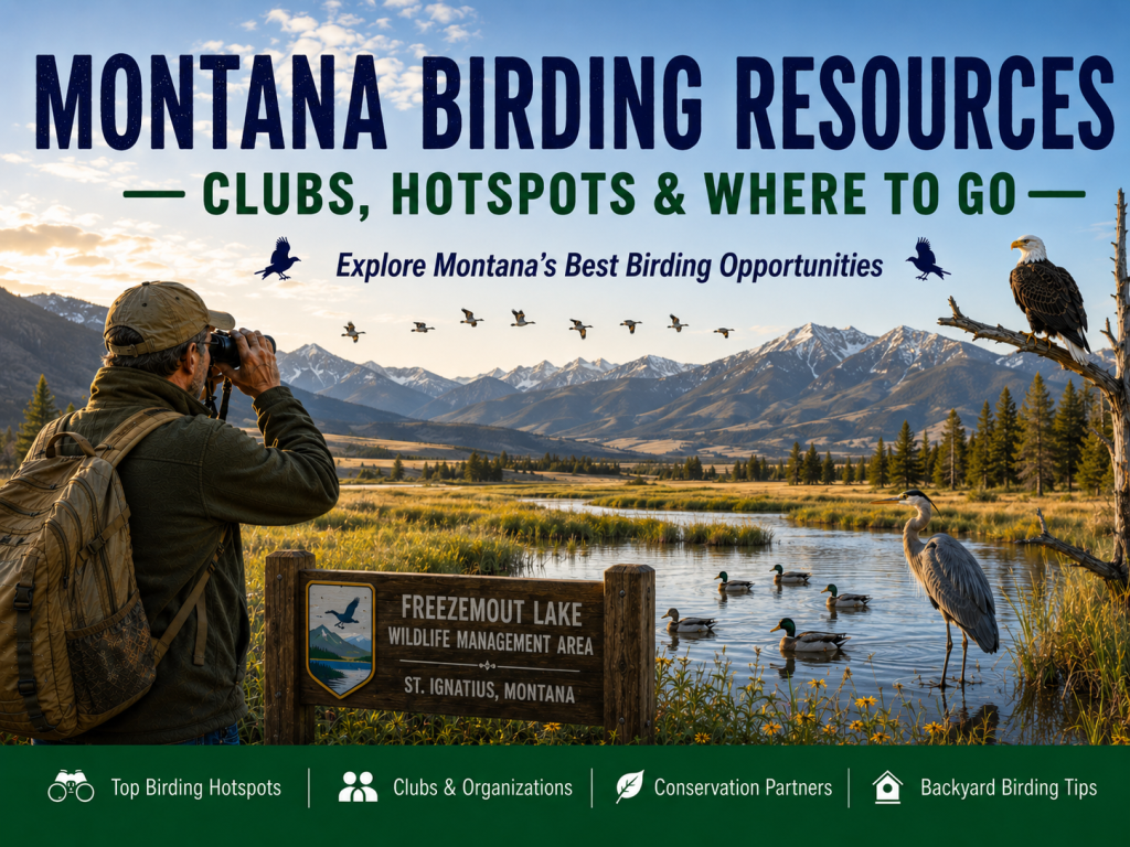 Birder scanning wetlands at Freezout Lake Wildlife Management Area in Montana with a Bald Eagle, Great Blue Heron, Mallards, and flying waterfowl against a mountain backdrop