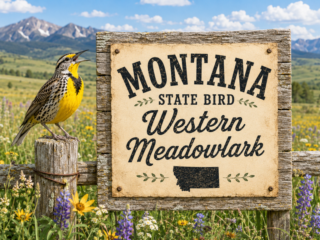 Western Meadowlark perched beside a rustic Montana State Bird sign in a bright mountain meadow setting