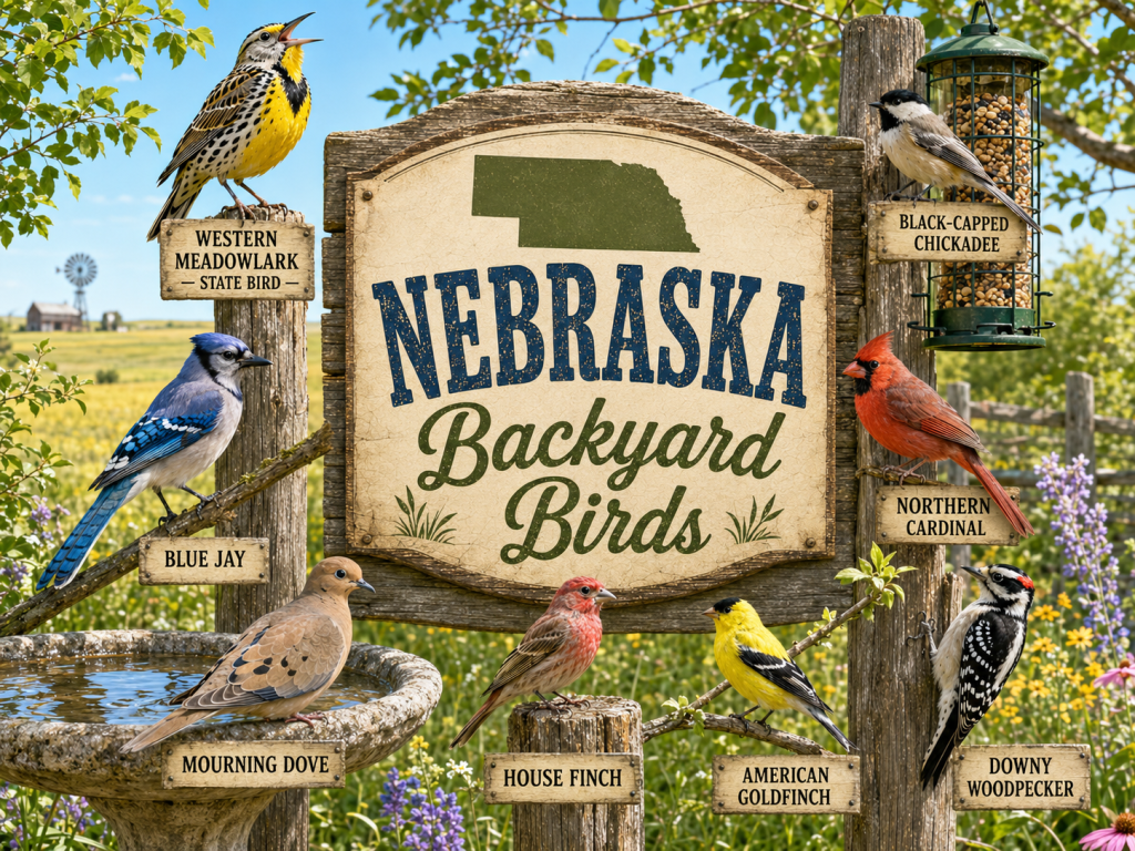 Nebraska Backyard Birds rustic wooden sign featuring Western Meadowlark — State Bird, Black-Capped Chickadee, Northern Cardinal, Downy Woodpecker, Blue Jay, Mourning Dove, House Finch, and American Goldfinch in a bright prairie backyard setting