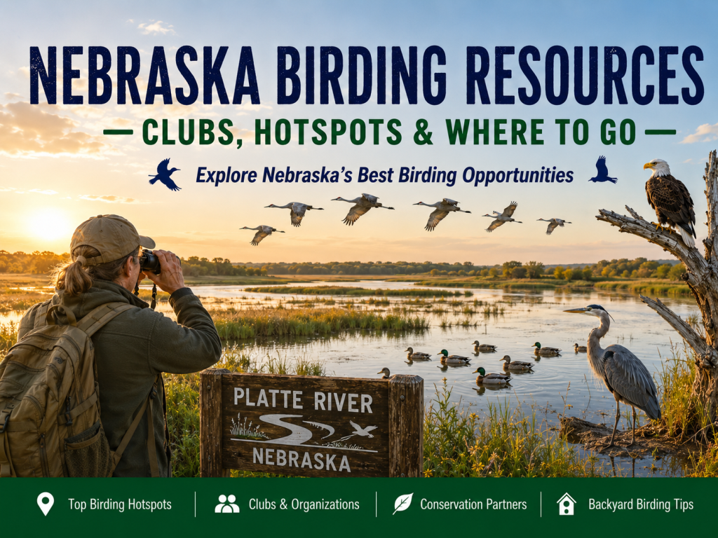 Birder scanning the Platte River wetlands in Nebraska at sunrise with a Bald Eagle, Great Blue Heron, Mallards, and Sandhill Cranes flying overhead