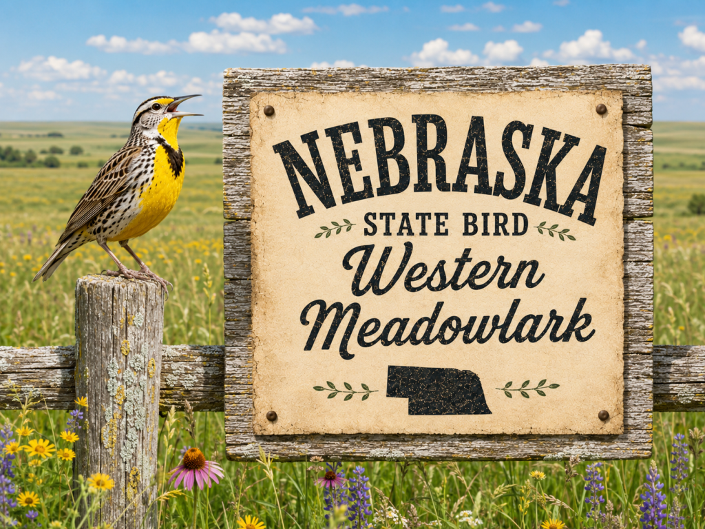 Western Meadowlark perched beside a rustic Nebraska State Bird sign in a bright prairie grassland setting
