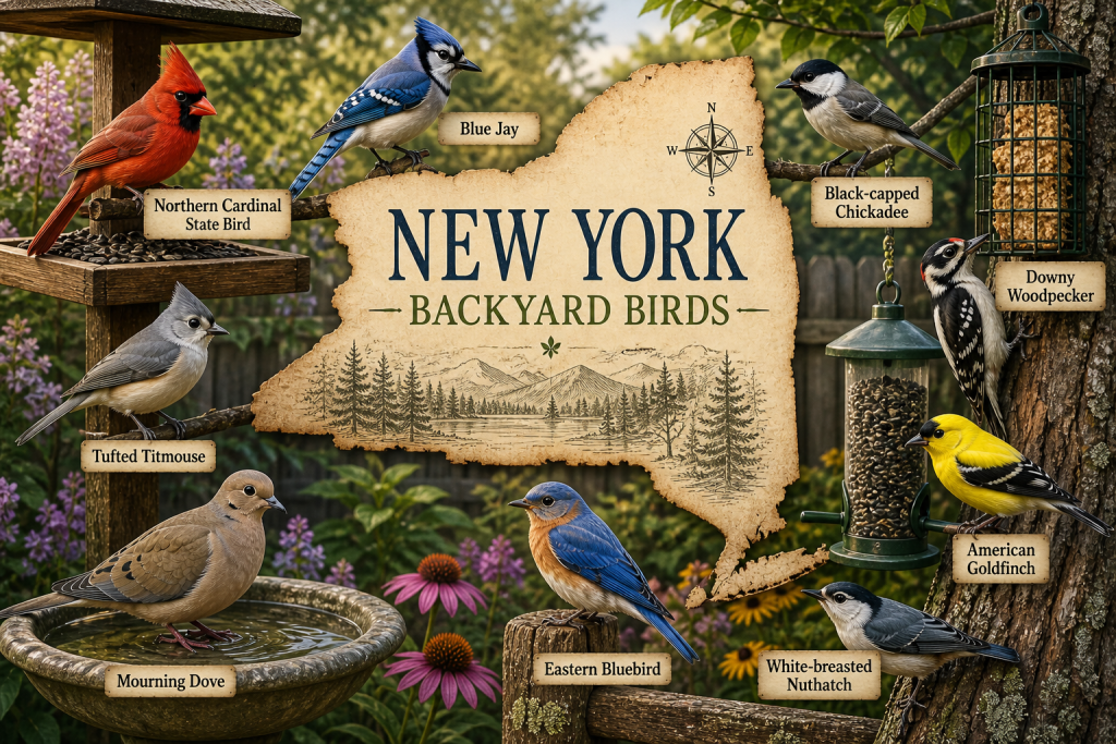 Rustic New York Backyard Birds illustration with Northern Cardinal, Blue Jay, Black-capped Chickadee, Downy Woodpecker, American Goldfinch, Eastern Bluebird, White-breasted Nuthatch, Tufted Titmouse, and Mourning Dove around a backyard feeder setup
