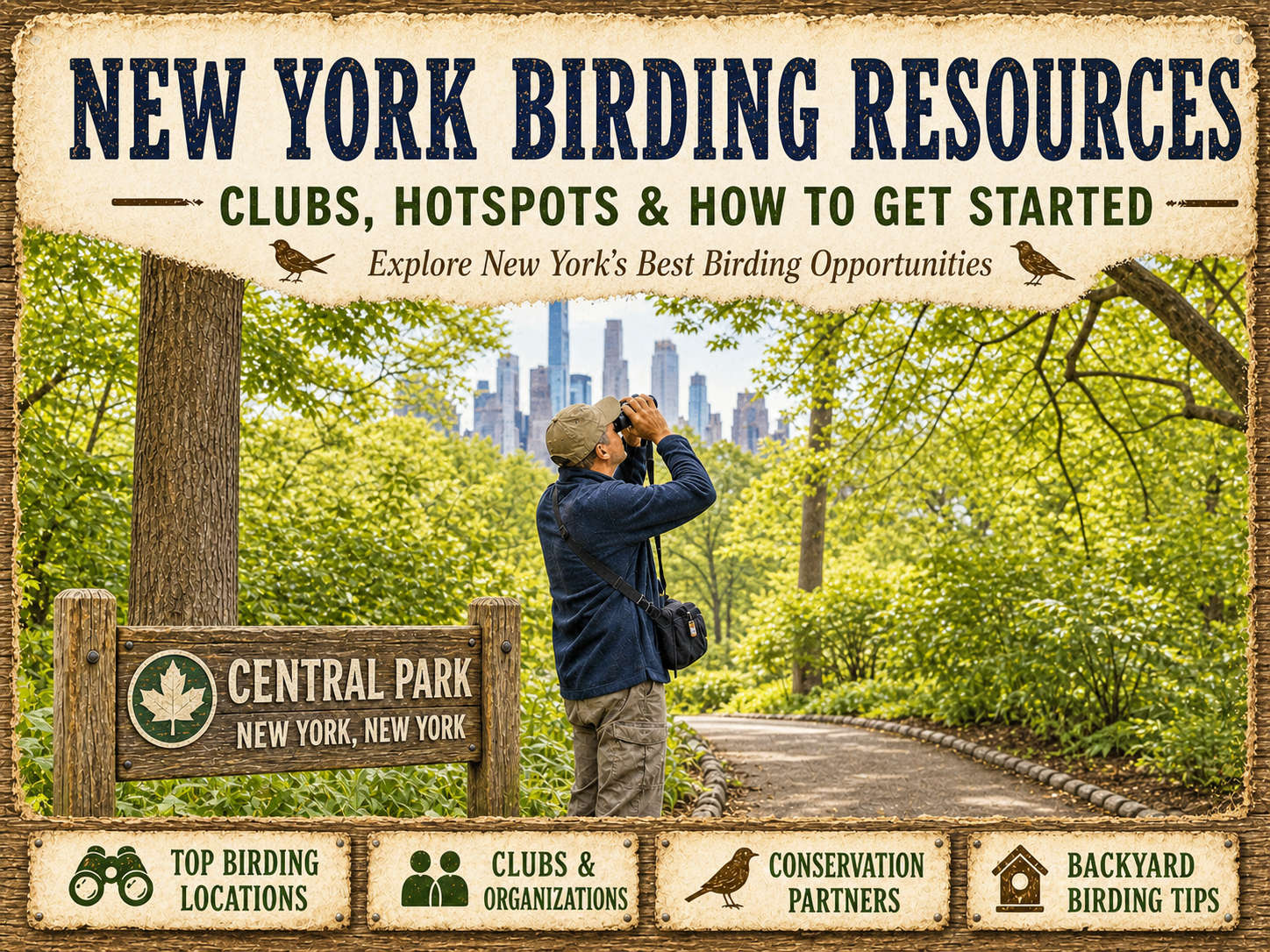 A birder stands on a wooded path in Central Park’s Ramble, looking up through binoculars at the leafy tree canopy.