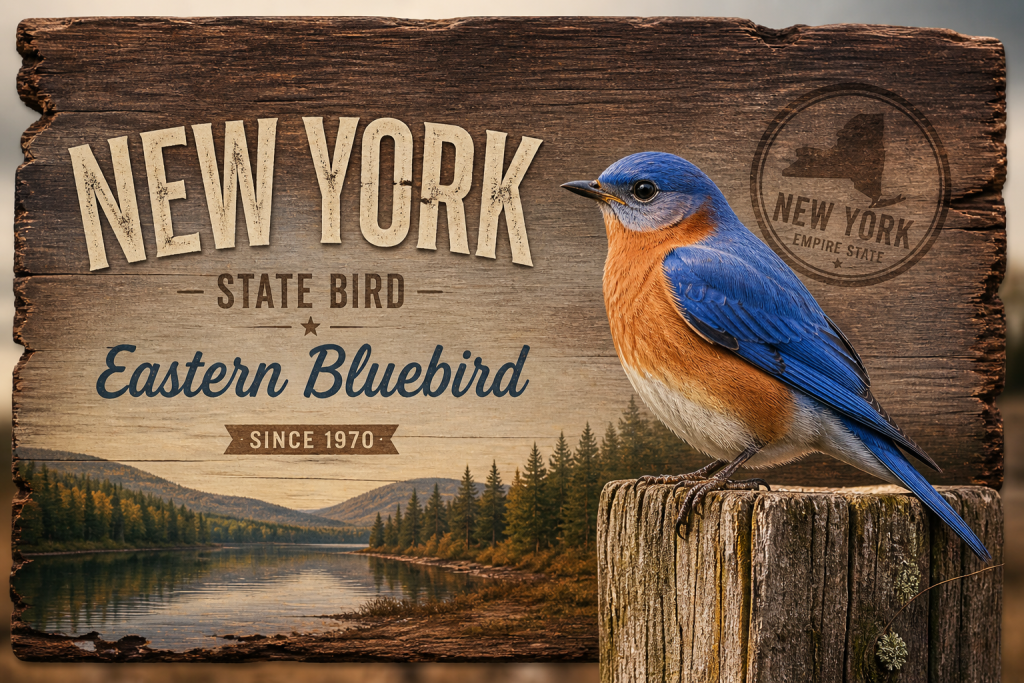 Rustic New York State Bird illustration with an Eastern Bluebird perched on a weathered wooden post