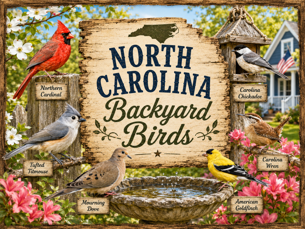 Rustic North Carolina Backyard Birds sign surrounded by common birds including Northern Cardinal, Carolina Chickadee, Tufted Titmouse, Carolina Wren, Mourning Dove, and American Goldfinch