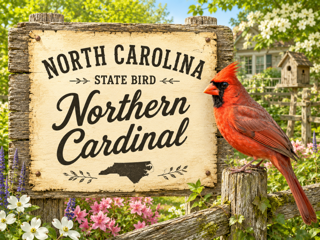 Northern Cardinal perched beside a rustic wooden sign for the North Carolina State Bird in a bright garden setting