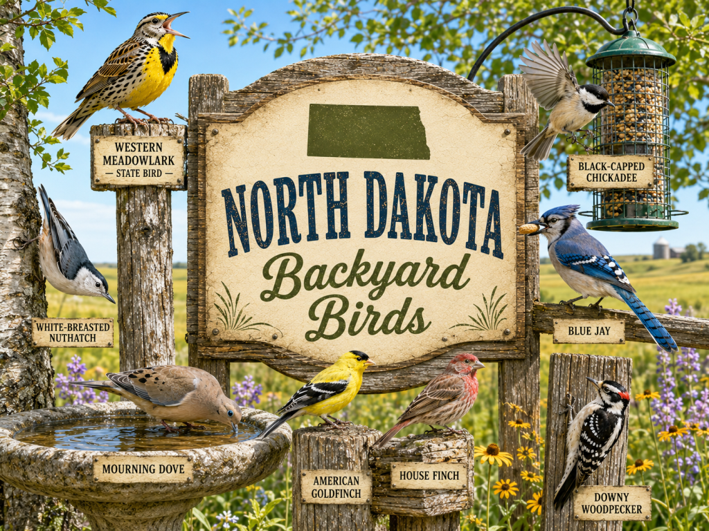 North Dakota Backyard Birds rustic wooden sign featuring Western Meadowlark — State Bird, Black-Capped Chickadee, Blue Jay, Mourning Dove, American Goldfinch, House Finch, Downy Woodpecker, and White-Breasted Nuthatch in a bright prairie backyard setting